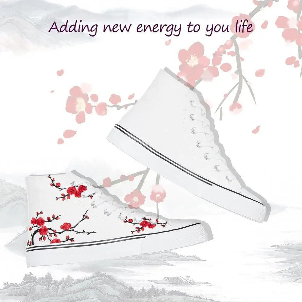 Women's White Black High Top Canvas Sneakers Lace Up Sneakers Casual Walking - Picture 4 of 6